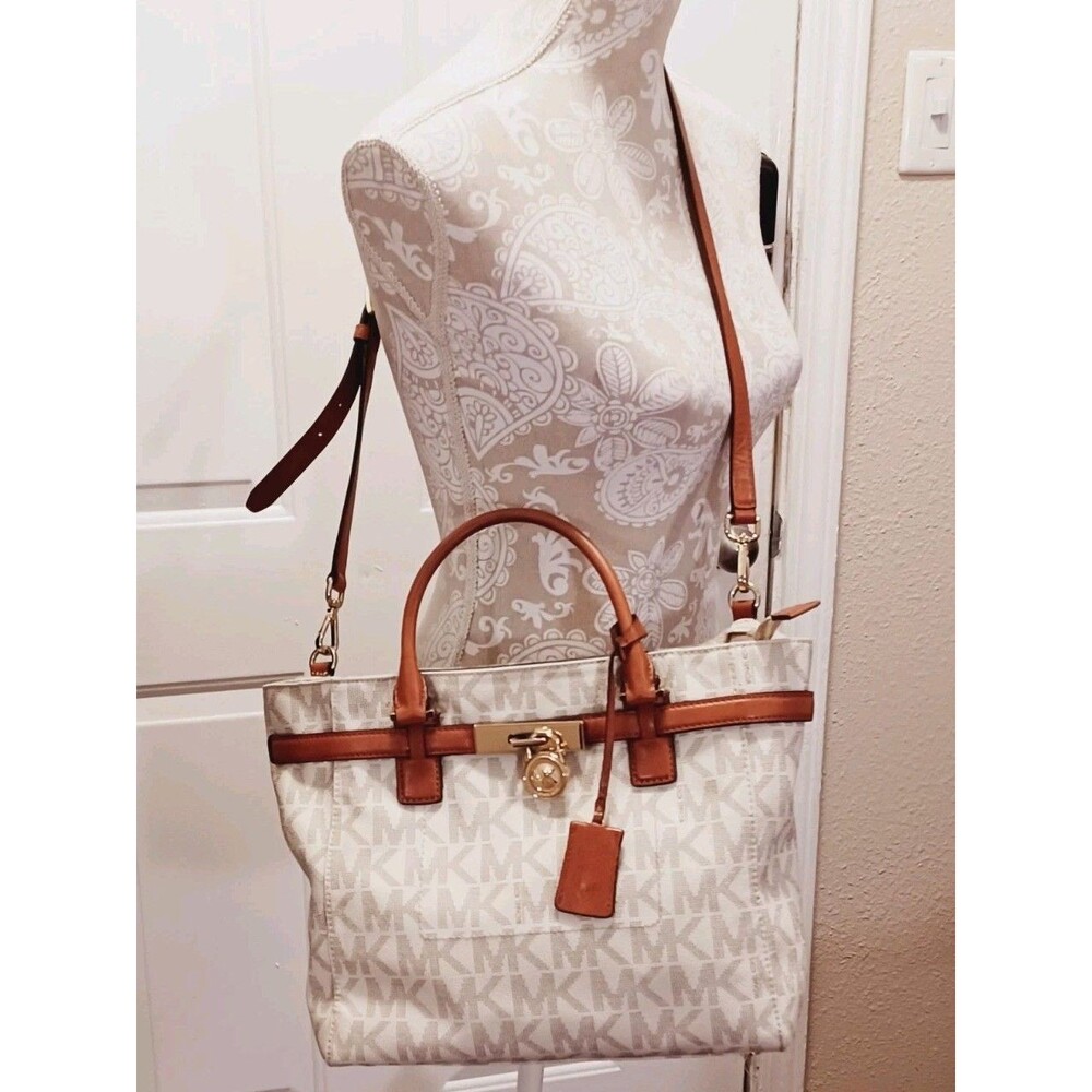 Michael Kors Cream MK Logo Canvas Crossbody with Brown Leather Trim - Picture 12 of 13